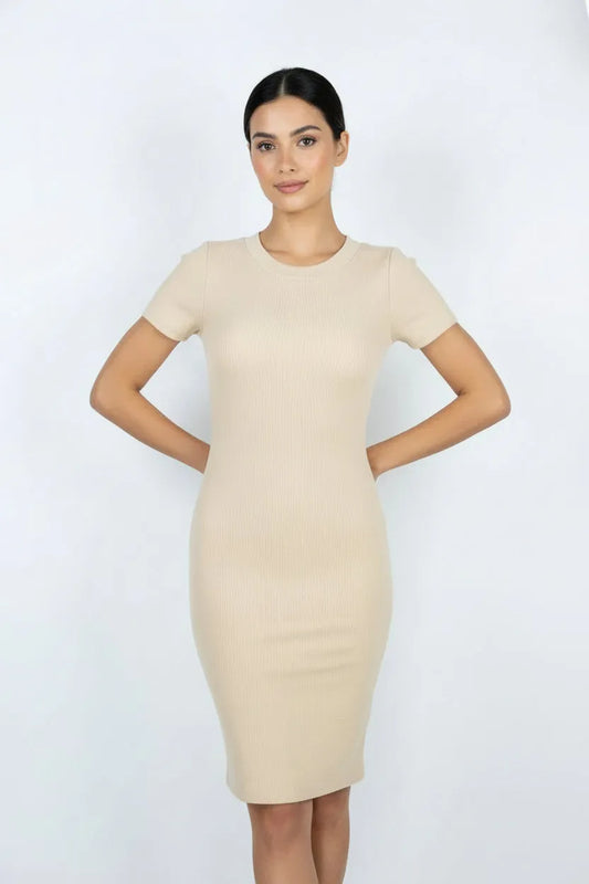 Дамска рипсена рокля по тялото Beige Form-рокли-6Sense