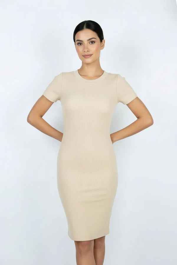 Дамска рипсена рокля по тялото Beige Form-рокли-6Sense