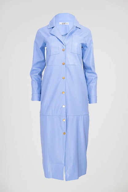 Дамска риза-рокля от еко кожа - Skyline Blue-рокли-6Sense