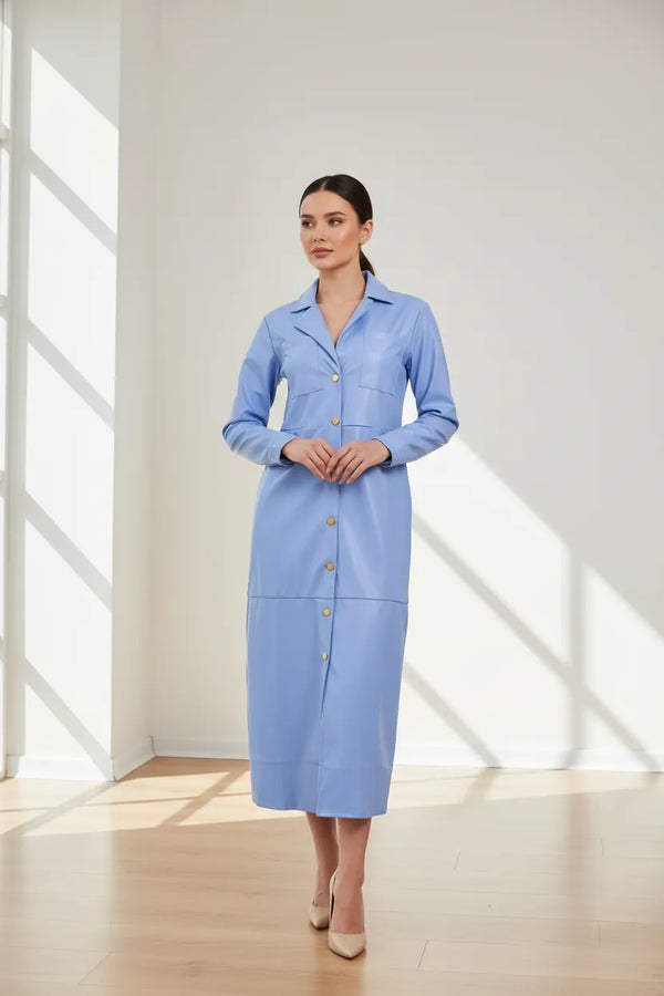 Дамска риза-рокля от еко кожа - Skyline Blue-рокли-6Sense