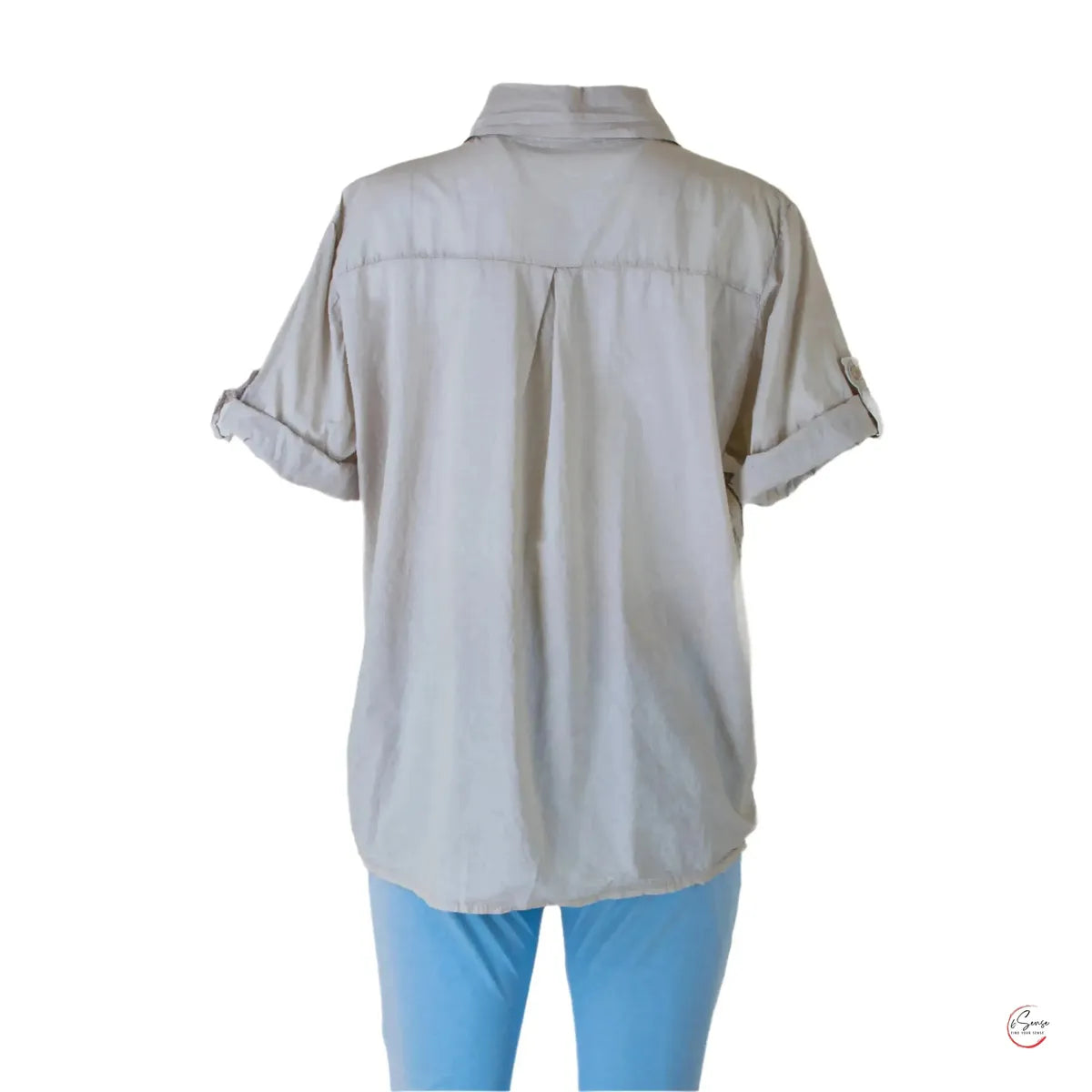 Elegant beige 100% cotton women's short-sleeve shirt with rolled cuffs, perfect for summer comfort.
