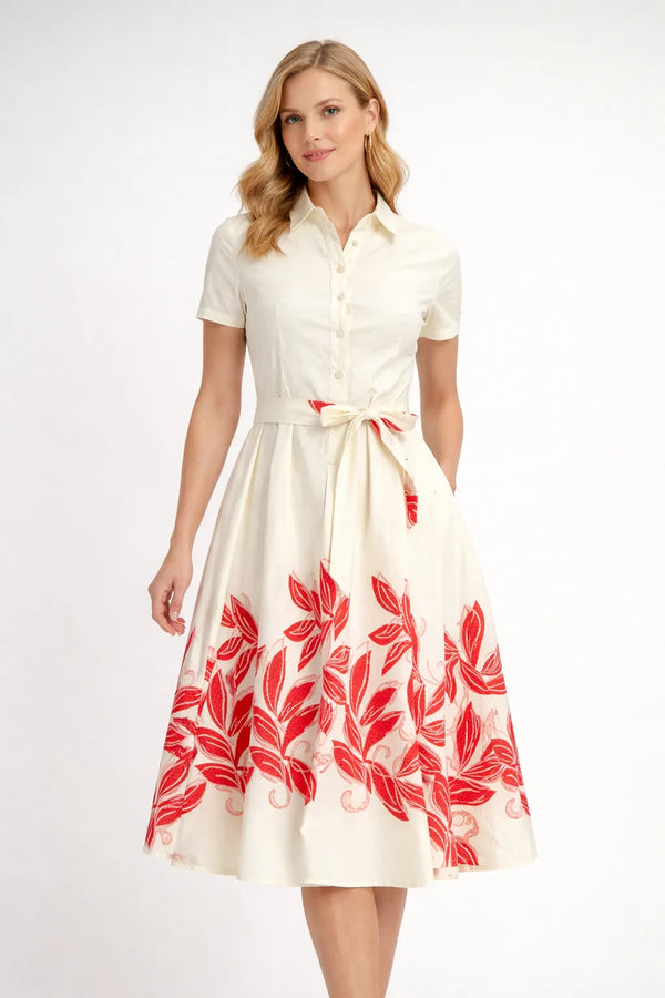 Дамска миди рокля Scarlet Leaves в кремав цвят с яка, колан и червен листен принт.