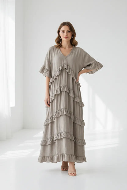 Дамска рокля с волани от лен и памук Plus Size – Ruffle Nomad-рокли-6Sense