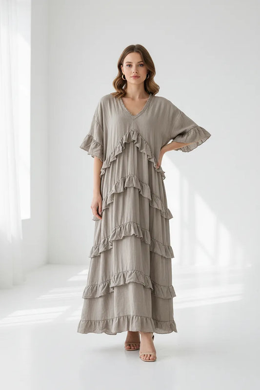 Дамска рокля с волани от лен и памук Plus Size – Ruffle Nomad-рокли-6Sense