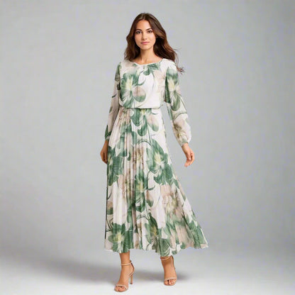 Дамска рокля в зелено с флорален принт | колекция есен-зима