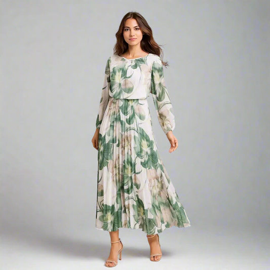 Дамска рокля в зелено с флорален принт | колекция есен-зима