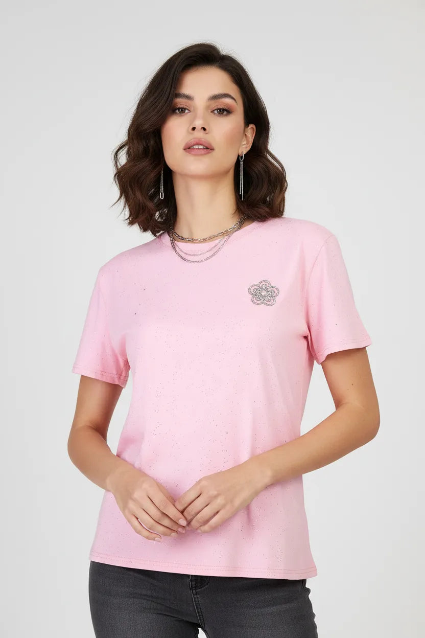 Дамска розова тениска с брокатен ефект – Pink Spark-Тениски-6Sense