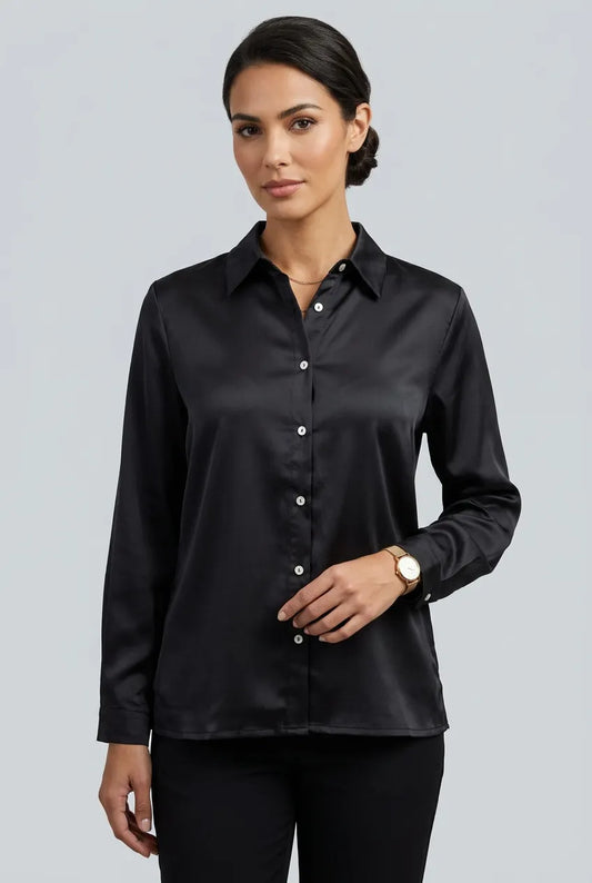 Дамска сатенена риза в черно – Black Satin Elegance-ризи-6Sense