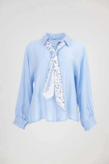 Дамска синя риза с вратовръзка - Sky Ribbon-ризи-6Sense