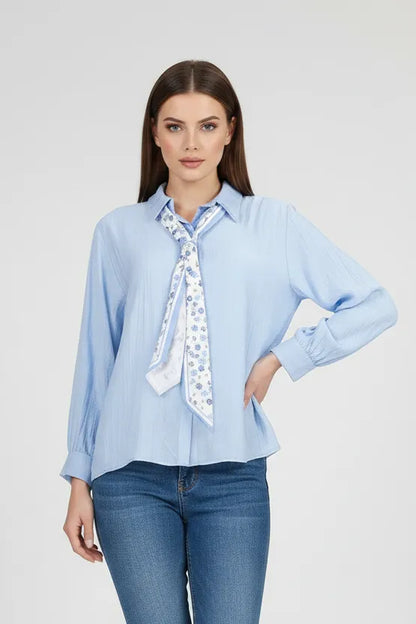 Дамска синя риза с вратовръзка - Sky Ribbon-ризи-6Sense