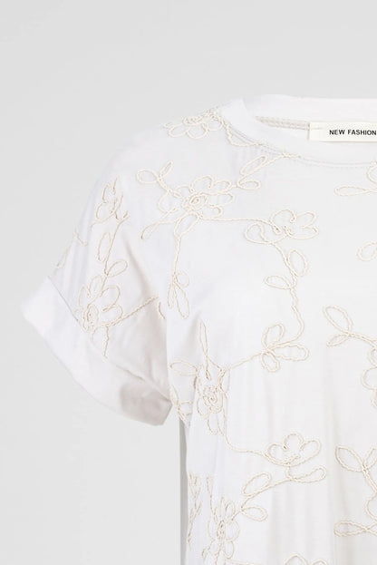 Дамска светло бежова блуза с флорална бродерия и връзка – Beige Flora-блуза с къс ръкав-6Sense