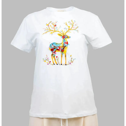 White cotton-blend t-shirt with vibrant embroidered deer and floral design.