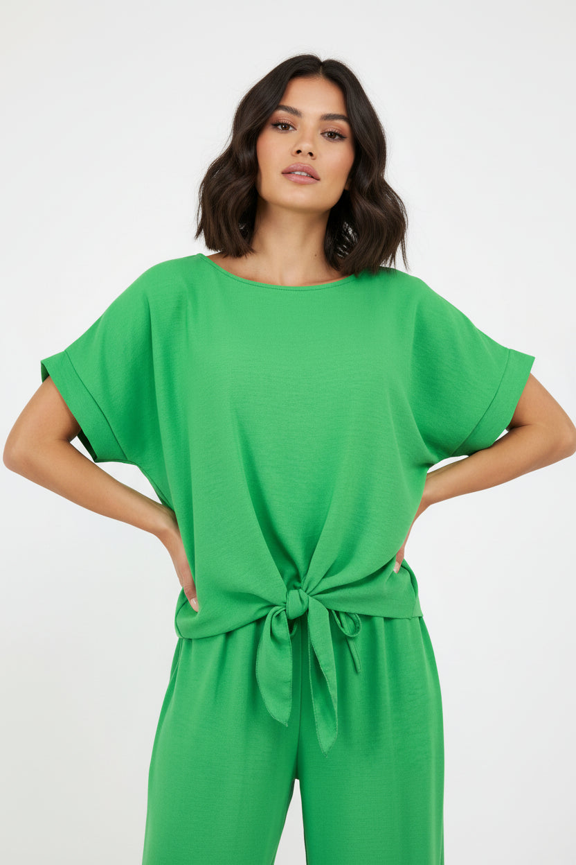Дамска зелена блуза с връзка отпред – Emerald Ease-блузи-6Sense