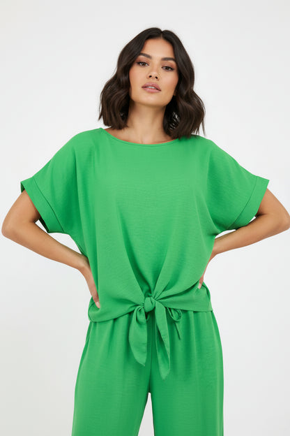 Дамска зелена блуза с връзка отпред – Emerald Ease-блузи-6Sense