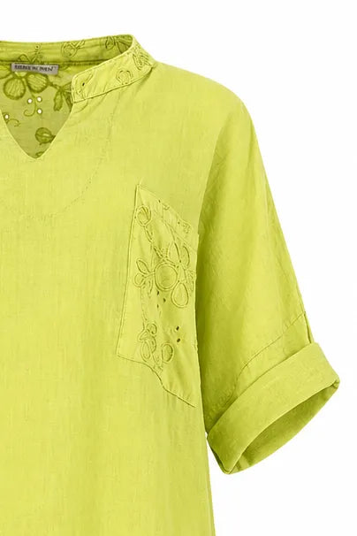 Дамска зелена ленена рокля с бродерия - Plus Size – Olivia-рокли-6Sense