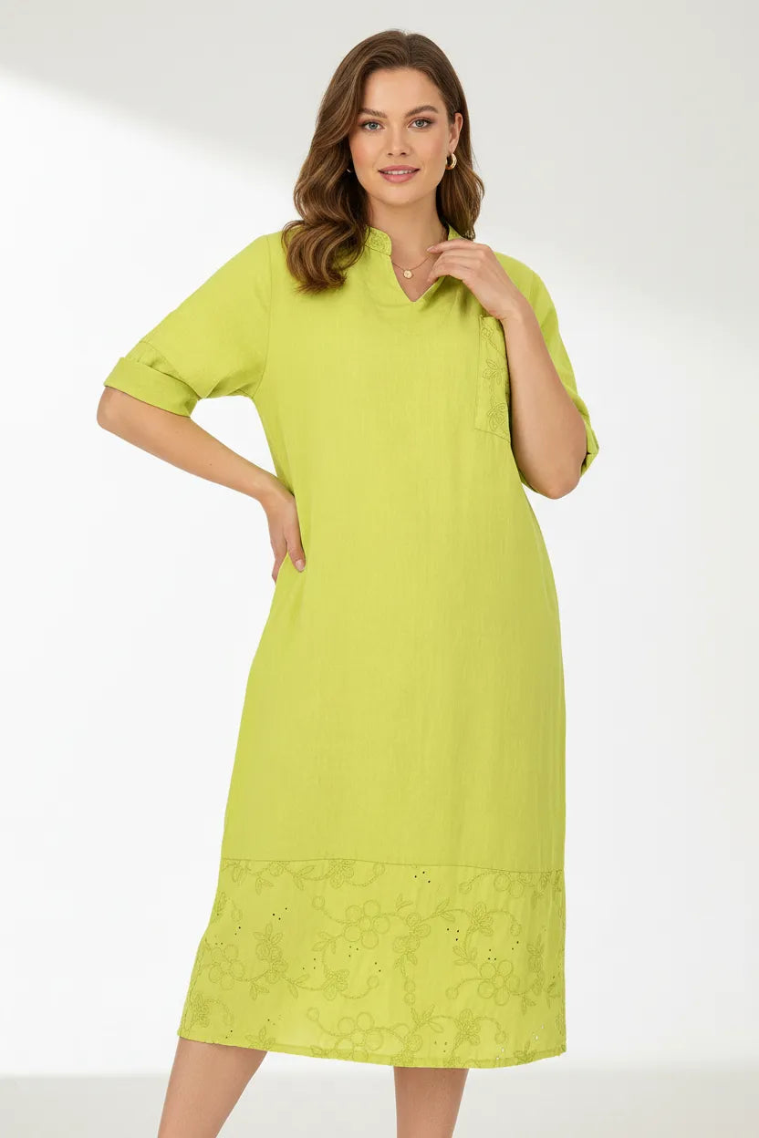 Дамска зелена ленена рокля с бродерия - Plus Size – Olivia-рокли-6Sense
