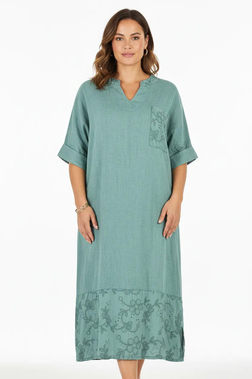 Дамска зелена ленена рокля с бродерия - Plus Size – Olivia-рокли-6Sense