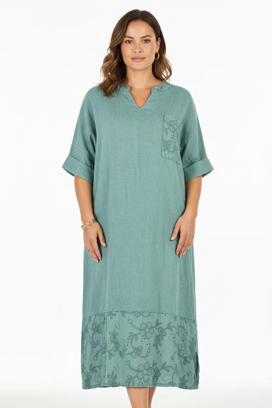 Дамска зелена ленена рокля с бродерия - Plus Size – Olivia-рокли-6Sense