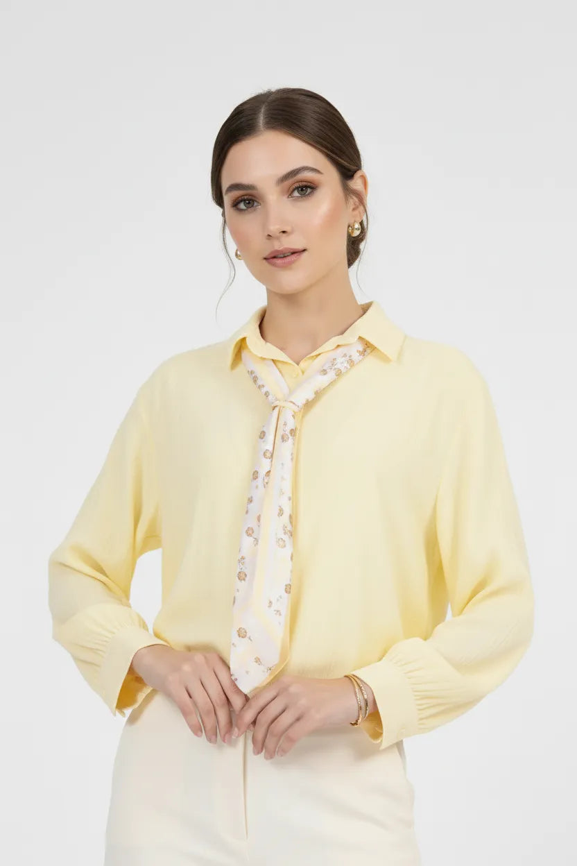 Дамска жълта риза с вратовръзка - Airy Scarf-ризи-6Sense