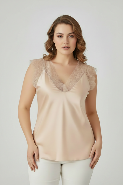 Дамски бежов сатениран топ с дантела - Plus Size - Nude Lace