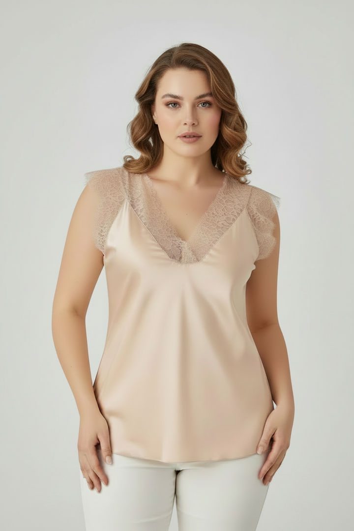 Дамски бежов сатениран топ с дантела - Plus Size - Nude Lace