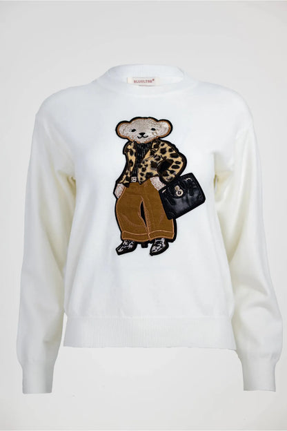 Дамски бял плетен пуловер с апликация мечок - Urban Bear-пуловери-6Sense