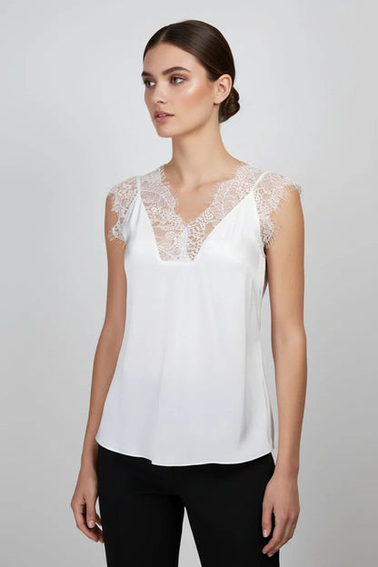 Дамски бял сатенен топ с дантела – Pure Lace-топове-6Sense