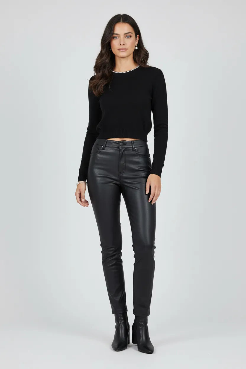 Дамски черен къс пуловер с перлен кант - Black sea pearl-пуловери-6Sense