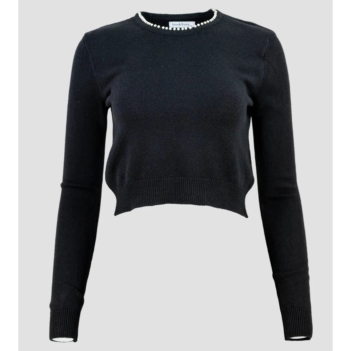 Дамски черен къс пуловер с перлен кант | колекция есен-зима-пуловери-6Sense