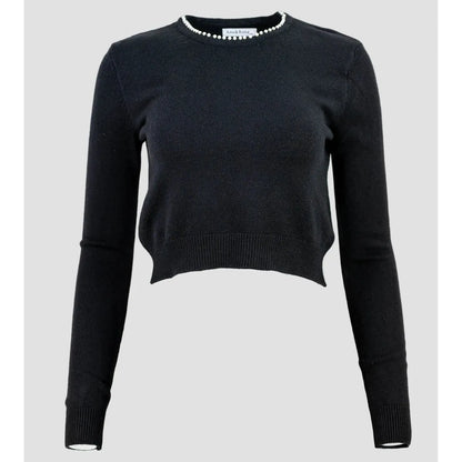 Дамски черен къс пуловер с перлен кант | колекция есен-зима-пуловери-6Sense