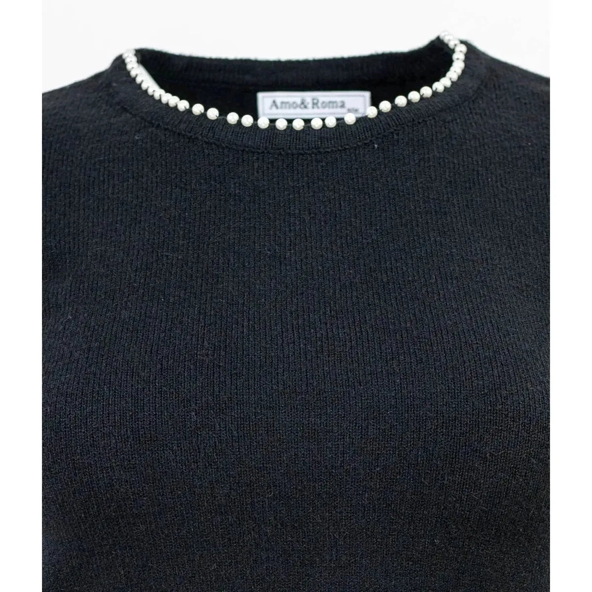 Дамски черен къс пуловер с перлен кант | колекция есен-зима-пуловери-6Sense