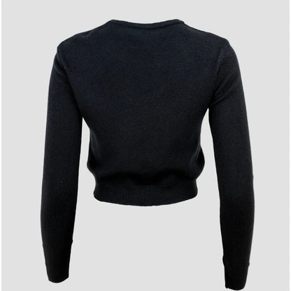 Дамски черен къс пуловер с перлен кант | колекция есен-зима-пуловери-6Sense