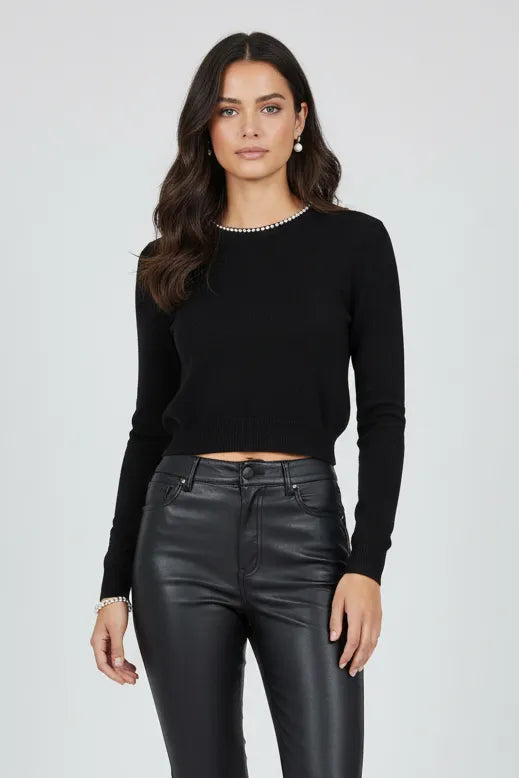 Дамски черен къс пуловер с перлен кант - Black sea pearl-пуловери-6Sense