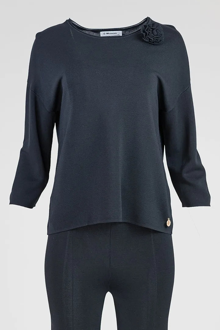 Дамски черен плетен комплект с 3D роза - Midnight Petal-комплекти-6Sense