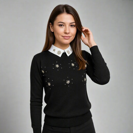Дамски черен пуловер с яка и апликации | колекция есен-зима-пуловери-6Sense