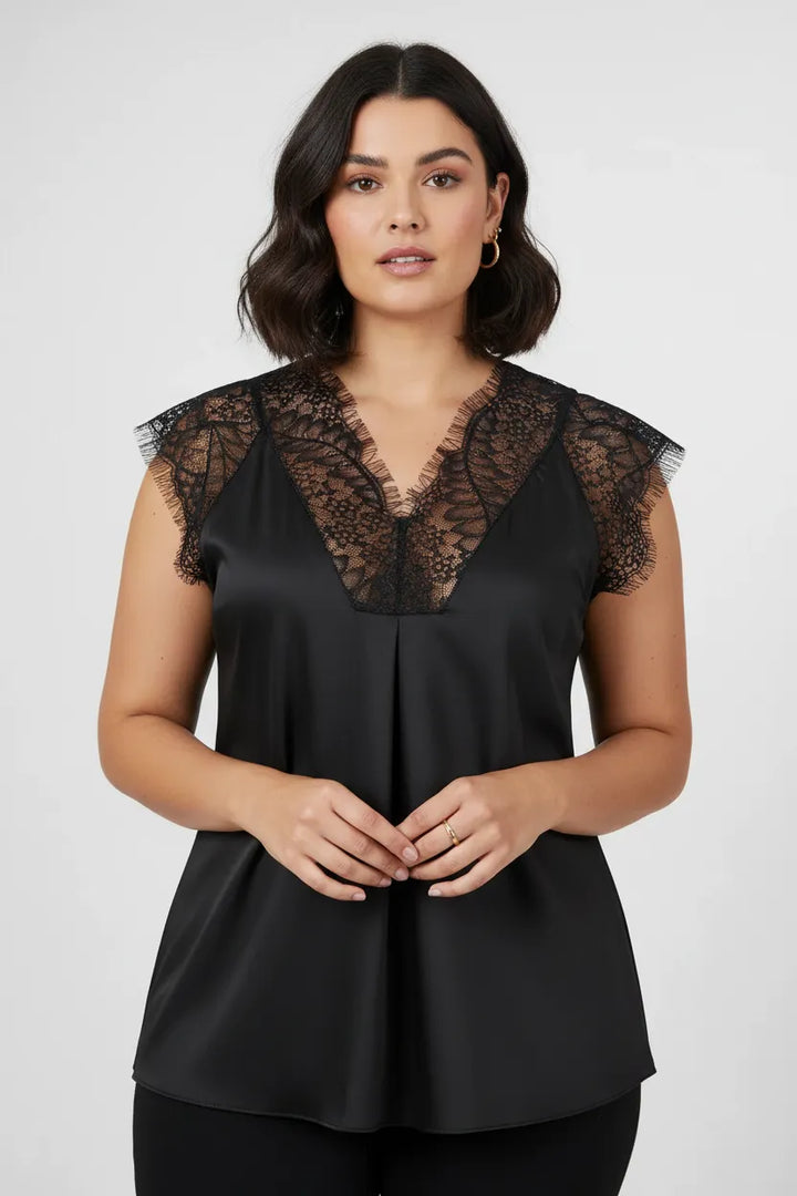 Дамски черен сатениран топ с дантела Plus Size – Noir Lace-топове-6Sense