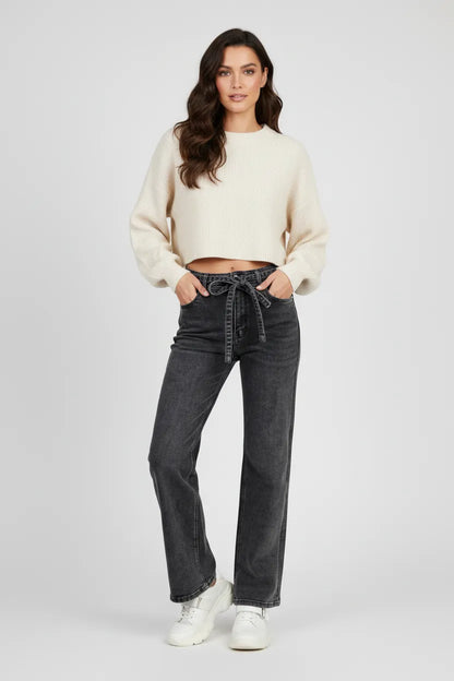 Дамски черни дънки с широк крачол и колан – Noir Wide Denim-дънки-6Sense