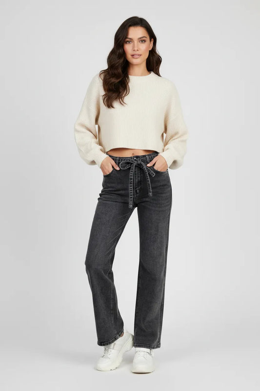 Дамски черни дънки с широк крачол и колан – Noir Wide Denim-дънки-6Sense