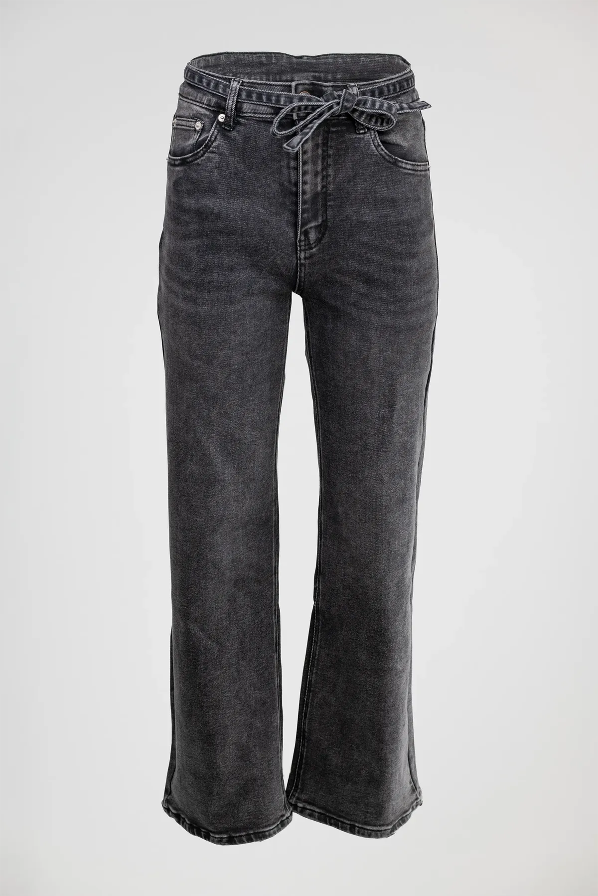 Дамски черни дънки с широк крачол и колан – Noir Wide Denim-дънки-6Sense