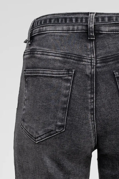Дамски черни дънки с широк крачол и колан – Noir Wide Denim-дънки-6Sense