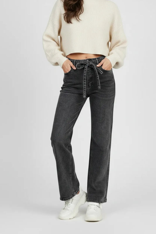 Дамски черни дънки с широк крачол и колан – Noir Wide Denim-дънки-6Sense