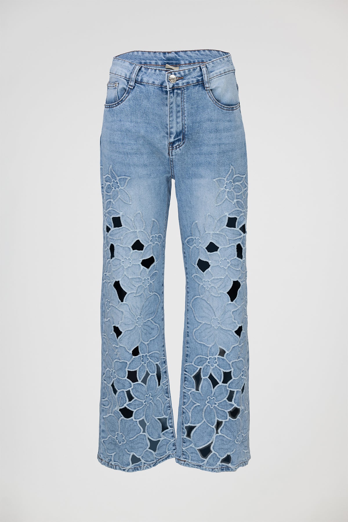 Дамски дънки с рязана бродерия - Floral Cutwork-дънки-6Sense