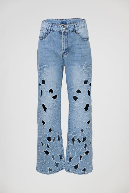 Дамски дънки с рязана бродерия - Floral Cutwork-дънки-6Sense