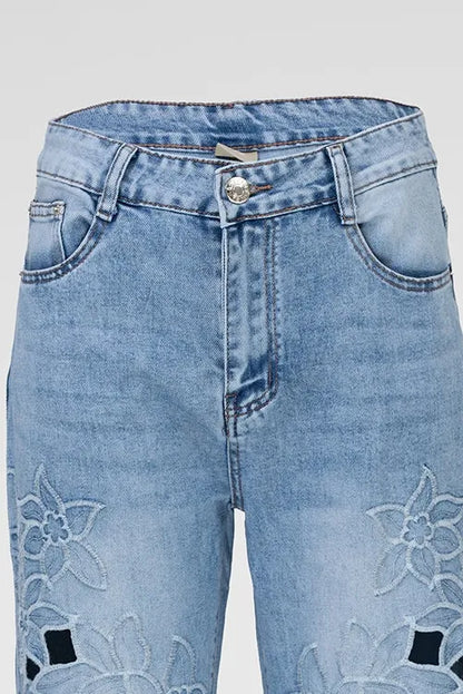 Дамски дънки с рязана бродерия - Floral Cutwork-дънки-6Sense