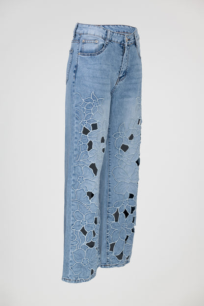 Дамски дънки с рязана бродерия - Floral Cutwork-дънки-6Sense