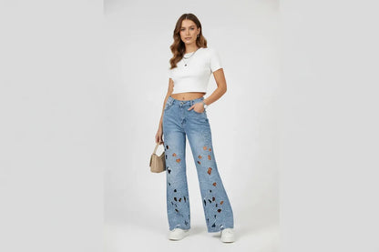 Дамски дънки с рязана бродерия Plus size - Floral Cutwork-дънки-6Sense