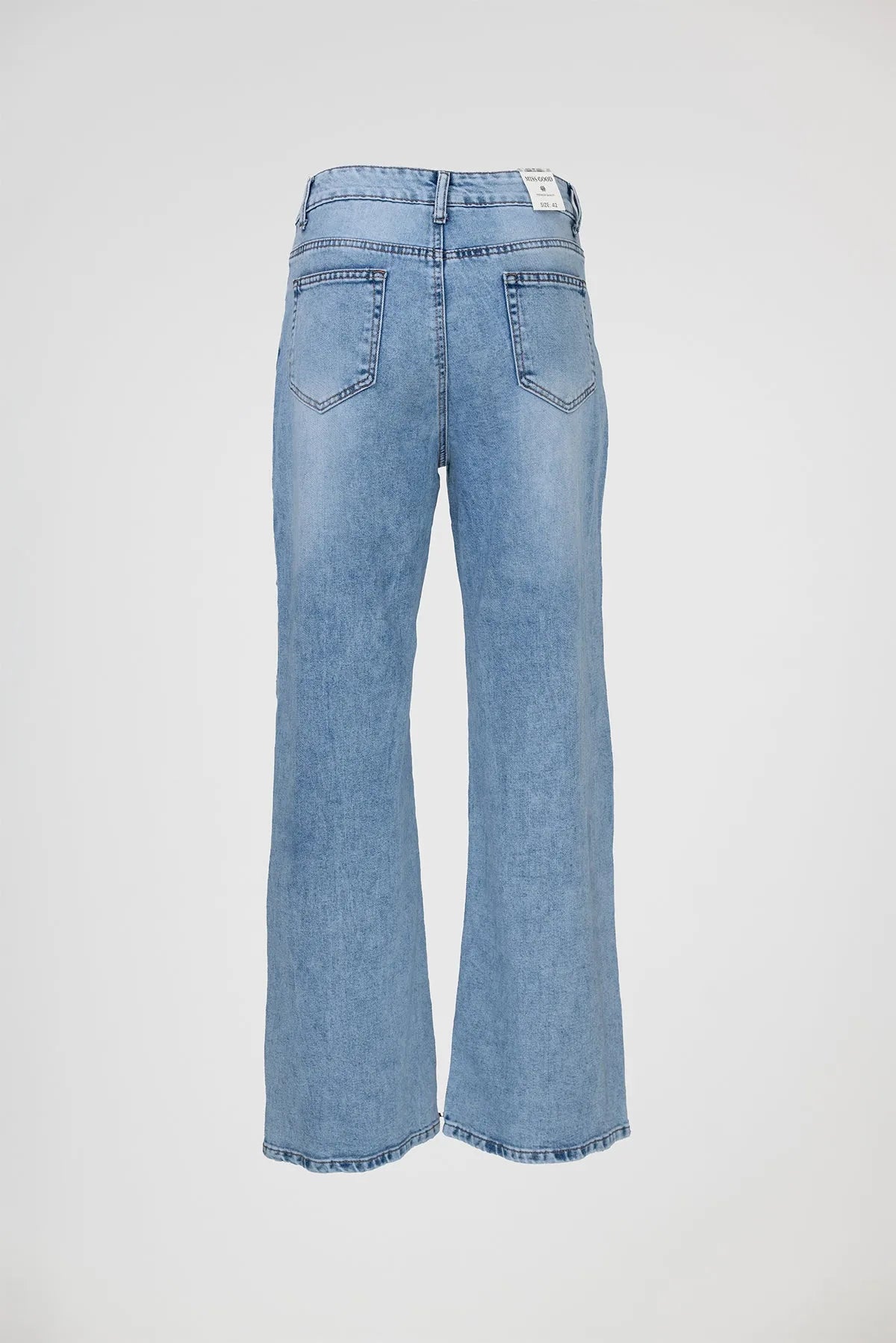 Дамски светлосини дънки Floral Cutwork с висока талия, прав крачол и флорална бродерия.