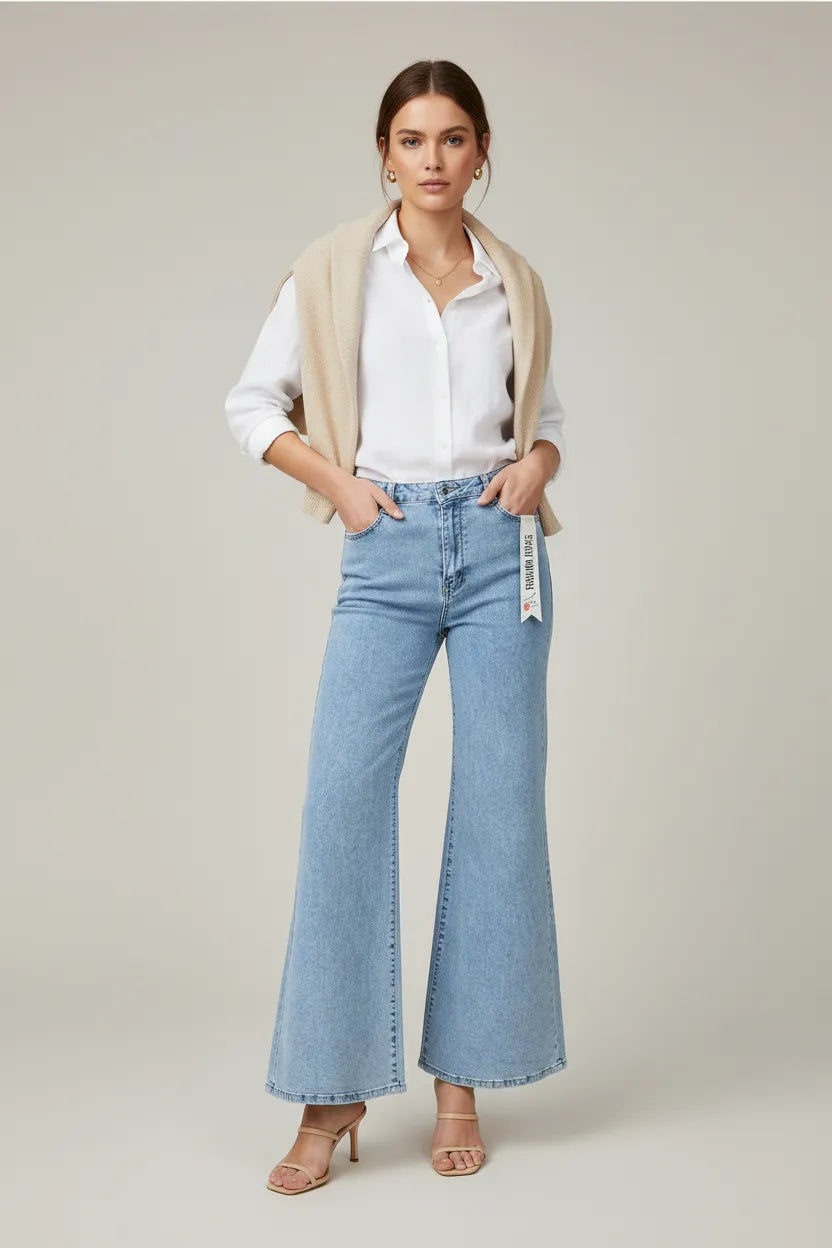 Light blue wide-leg denim jeans with high waist, styled with a white shirt and beige sweater.