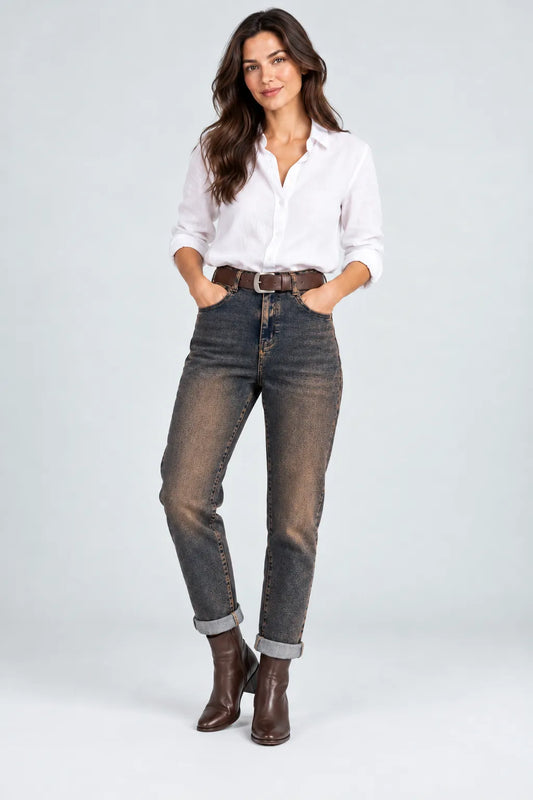 Дамски дънки с винтидж ръждив ефект и колан – Bronze Wash Denim-дънки-6Sense