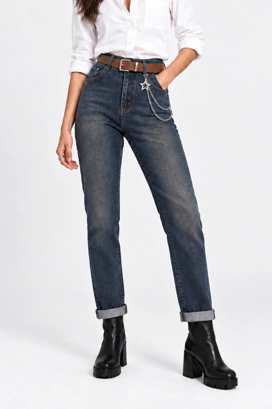 Дамски дънки с висока талия и ръждив ефект – Urban Chain Denim-дънки-6Sense